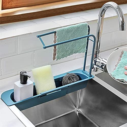 Innovative Kitchenware Rack, Telescopic Sink Sponge Soap Holder with Ventilated Drain, Scalable Adjustable Sink Organizer with Dishcloth Hanger, Sink Drain Rack Basket w/Thickening Drain Box (Blue)