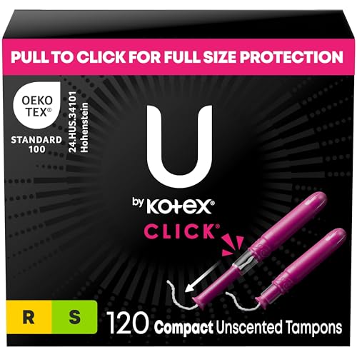 Image of U by Kotex Click Multipack Tampons, Compact, Regular/Super Absorbency, Unscented, 120 Count (8 Packs of 15) (Packaging May Vary)