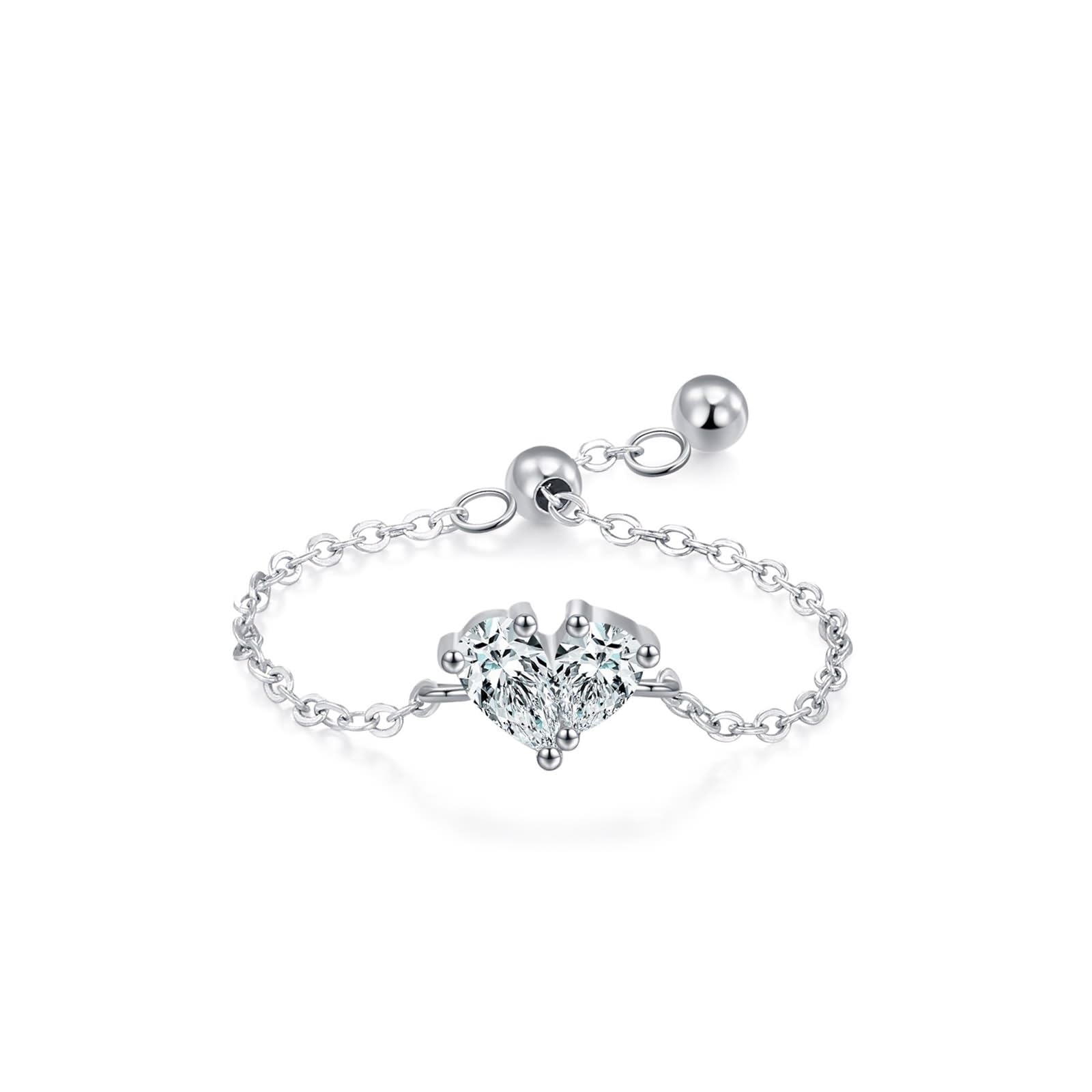 Zestaw pierścionków damskich, cienkie, regulowany łańcuszek w kształcie serca, moissanit 0,25 ct, krople wody, 14 K, białe złoto, rozmiar 50 (15,9)