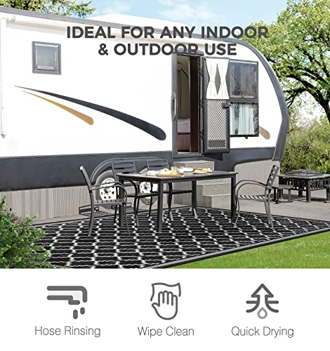 Joybest Outdoor Rug 5X8 Ft Waterproof Reversible Mats, Plastic Straw Rug Modern Area Rug For Indoor Outdoor, Patio, Backyard, Deck, Picnic, Beach, Trailer, Rv Camping, Black White Geometric #TOP6