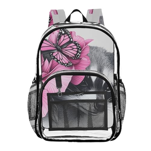 Clear Backpack Raccoon Flower Butterfly, PVC Transparent Bag with Large Capacity for Boys, Girls, Men, Women, See Through Bookbag for School Work College Travel