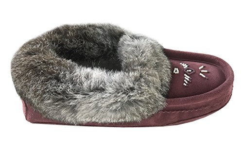 Laurentian Chief Women's Suede Slippers Rabbit Fur Collar Soft Sole Moccasins4