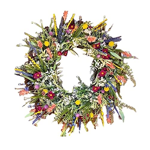 Spring Summer Wreath for Front Door Artificial Wildflower Spring Summer Door Wreath Decoration Colorful Garland Door Wreaths for Doors Window Wall Indoor Outdoor Décor (35cm/13.7in)