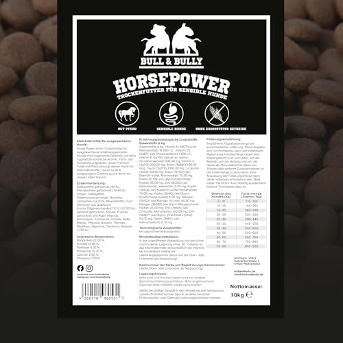 BULL & BULLY – Big Bully Horsepower 10 kg Hundefutter Trocken Getreidefrei – Hundefutter & Hundeleckerli Pferd Pur – Pet Hunde Leckerlis Pferd & Hundesnack für empfindliche Hunde & Senioren