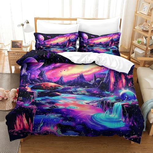 Housse de couette paysage spatial néon 3D 140x200cm lit garçon - 3