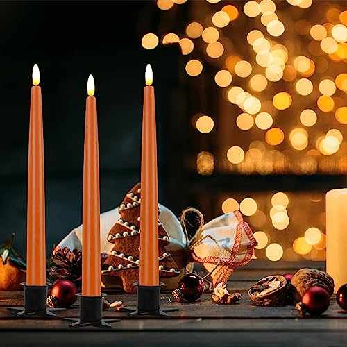 Image of CVHOMEDECO. Flameless Taper Candles with 10-Key Remote, Battery Operated Led Flickering 3D Wick Window Candles Real Wax Finished Home Christmas Party Decor 0.78 x 11 Inch, Pack of 3, Orange