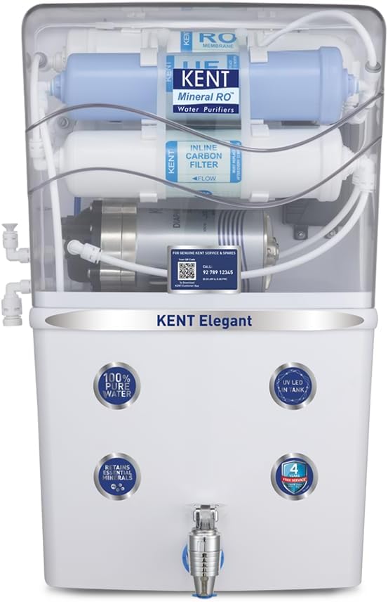 KENTElegant RO Water Purifier | 4 Years Free Service | ISI Marked | Multiple Purification Process | RO + UF + TDS Control + UV LED Tank | 8L Tank | 15 LPH Flow | White