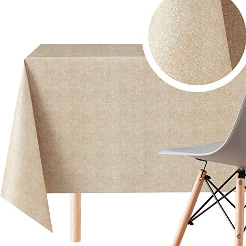 KP HOME Naturel Beige Taupe Nappe PVC Rectangulaire Unie Tone Brun Aspect Lin Nappe Toile Cirée Rectangulaire 200x140 cm Épais Nappe Plastique Imperméable Essuyable Nappe Ciree Rectangulaire Lavable