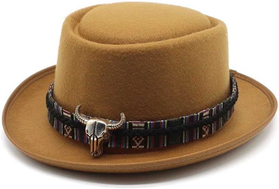 Western Style Cowboy Hat, Brown Felt with Tribal Band, Metal Bull Skull Accent, Wide Brim
