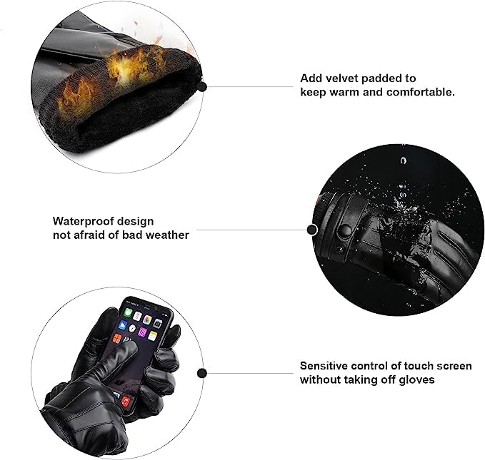 BISON DENIM Herren Thermo Winterhandschuhe Echtleder Handschuhe Touchscreen Lederhandschuhe Warme mit Fleece gefütterte Handschuhe Winddicht Wasserdicht