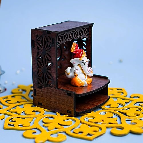 Image of EXPLEASIA Pagadi Ganesha Idol with Wooden Om Temple with Rakhi for Home mandir| car Dashboard| Gift Items | Festival Item| showpiece| Temple Decor