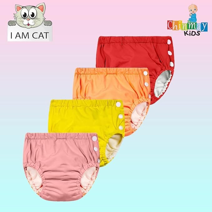 Chinmay Kids Combo of Baby Swim Diaper Waterproof Reusable Leakproof Adjustable Infant Pool Pant Boys Girls Swimsuit, Age Group - (4 Months - 3 Years) |Red,Orange,Pink,Yellow Large 1