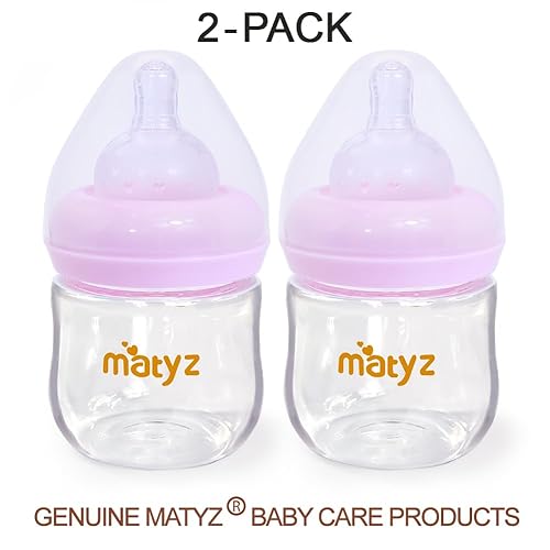 Miniatura 7 de Matyz Paquete de 2 biberones de vidrio para lactancia materna con tapas (rosa, 4 onzas), biberones de cuello ancho para lactancia materna, biberones