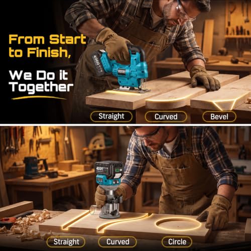 Image of SEESII Cordless Jigsaw and Wood Router Tool for Combo Kit | with Batteries and Charger, Brushless, Aluminum Palm Router, 0-45 Bevel Jig Saw, Adjustable Speed for Cutting & Trimming