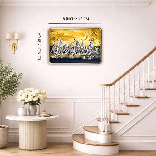 Image of XOPY Seven Running Horses with Golden Frame | Vastu 7 horses Raw Pyrite Painting for Home, Office & Living Room Wall Decore | 12X18 Inch Sparkle Laminated Frame | Best For Gifting (53302, 12X18)