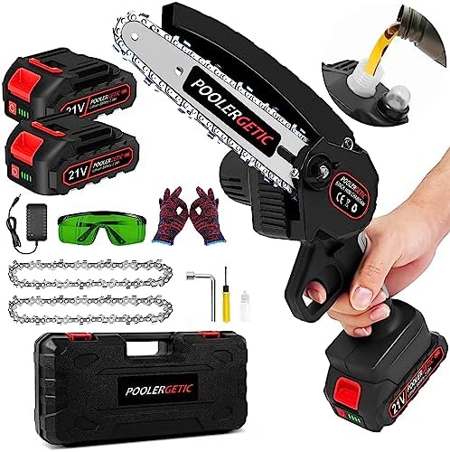 Poolergetic Mini Chainsaw 6 Inch Cordless Chainsaw, New Upgrade Lubrication System Automatic Oiler,4000 mAH Rechargeable Battery and 2 Chain, Portable Mini Chainsaw Suitable for One-Handed Use