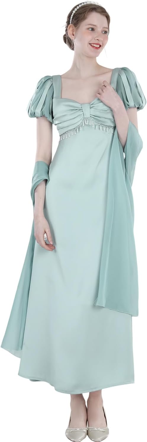 FCCAM Regency Dresses for Women Empire Waist 1800s Victorian Dress Ball Gown with Shawl - Image 4