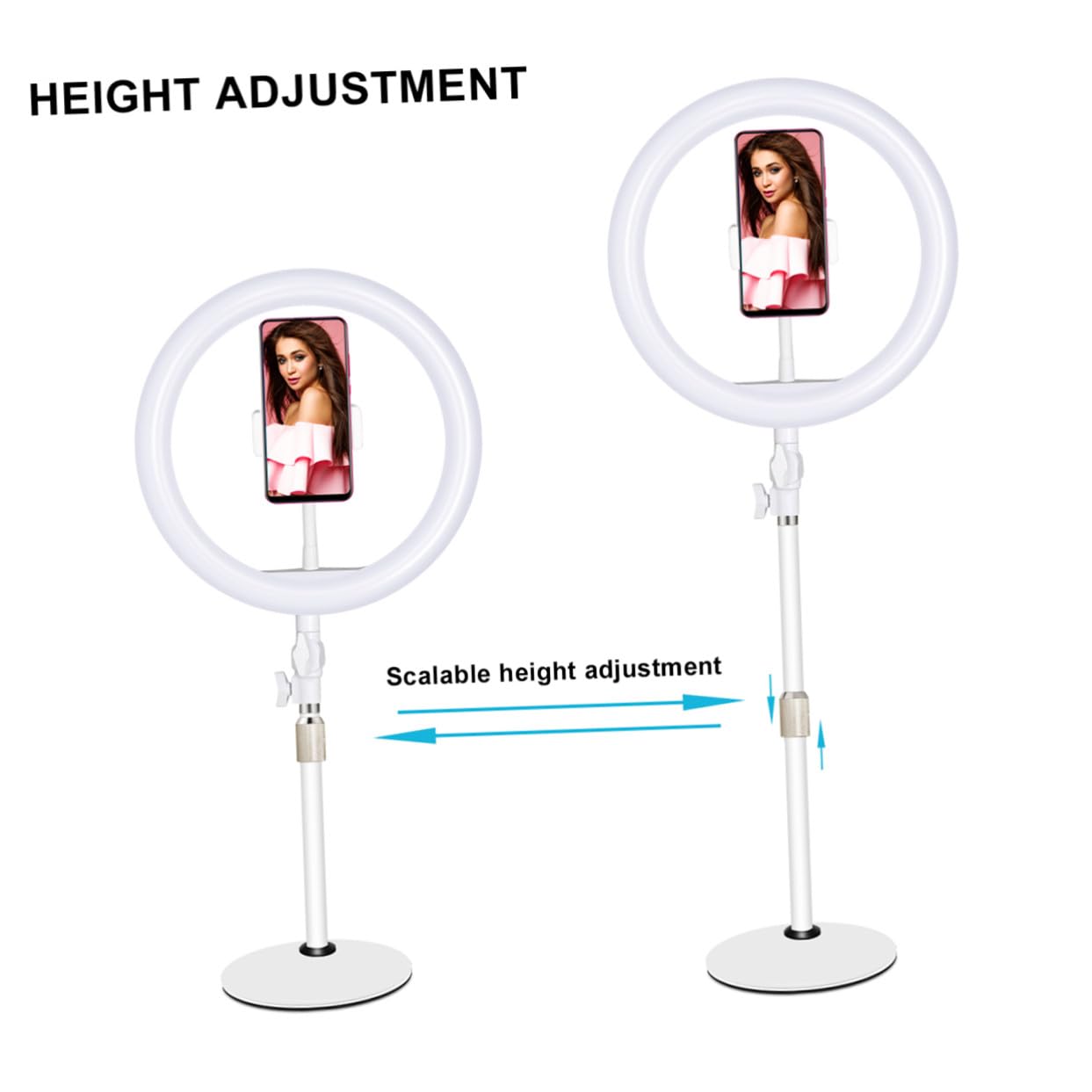 Luce LED per Selfie Regolabile 10 Pollici Bianca in Ferro e Plastica | Modalità di Illuminazione Regolabile, Cavo Usb Incluso, per Make-Up, Fotografia e Video, Supporto Stabile