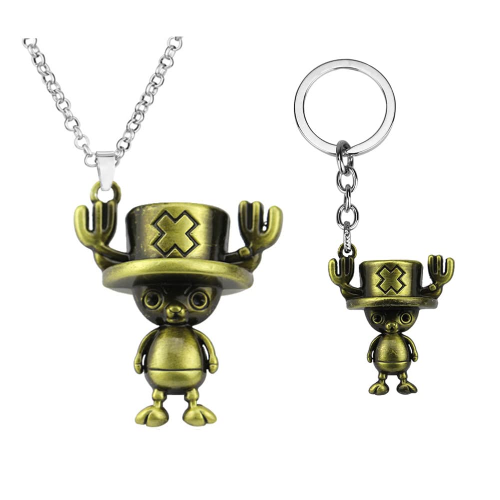 2 Pack / Set Anime One Piece Tony Chopper Keychain Merchandise Joba Bronze Pendants Necklaces Stainless Steel One Piece's Chopper Key Chain Cosplay Army Tag Charm Pendant Necklace For Man Women Fans,
