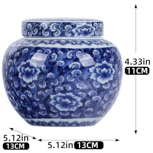 Blue and White Porcelain Round Ginger Jar with Lid, Ceramic Chinoiserie Chinese Style Decorative Jar for Home Decor, Storage for Snacks, Key Chains, Coffee Beans (Pure Blue)