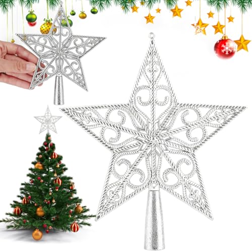 Estrella arbol de Navidad Plateada, Punta Ligera de 20cm con Diseño Hueco, Decoración sin Purpurina para un Brillo Elegante y Moderno
