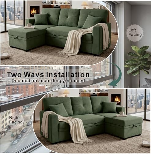 Image of KEIKI 71 inch Sectional L Shaped Pull Out Sofa Bed, Sleeper Sofa with Reversible Chaise, 3 Seater Modular Sectional Sofa with Storage for Living Room, Dark Green
