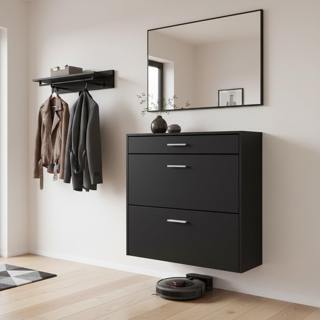 hängender Schuhschrank Roma Air Schmal mit 2 Klappen und 1 Schublade, Platzsparender Schuhkipper Flurschrank für Diele Flur Garderobe, Schwarz matt (89 x 87 x 23 cm)
