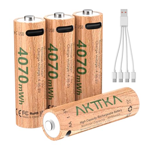 AKTTKA リチウム充電式単3電池,1.5V 4070mWh 4個パック｜USB-C充電ケーブル付属｜500回充電対応｜ゲームコントローラー、スマートロック、監視カメラに対応