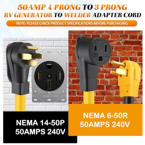 Image of Tellegloww NEMA 14-50P to 6-50R 50Amp 6 AWG Welder Adapter Cord 14-50P Male to 6-50R Female 50Amp 4 Prong RV Generator to 3 Prong Welder Power Adapter, STW 6 AWG /3C, 1FT ETL Listed