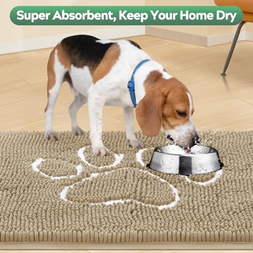 Dog Door Mat for Muddy Paws, Pet Rug Chenille Absorbent Outdoor Doormat 48"x 30", Non Slip Heavy Indoor Doormat Soft Front Inside Doormats for Entryway, Mud Paws, Patio,Dog Paw Beige