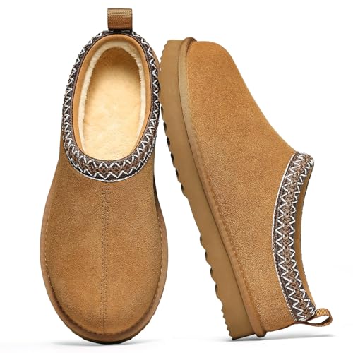 Genuine Suede Fuzzy Slippers for Women Winter Warm House Shoes Cozy Mini Boots Indoor Outdoor Chestnut 40