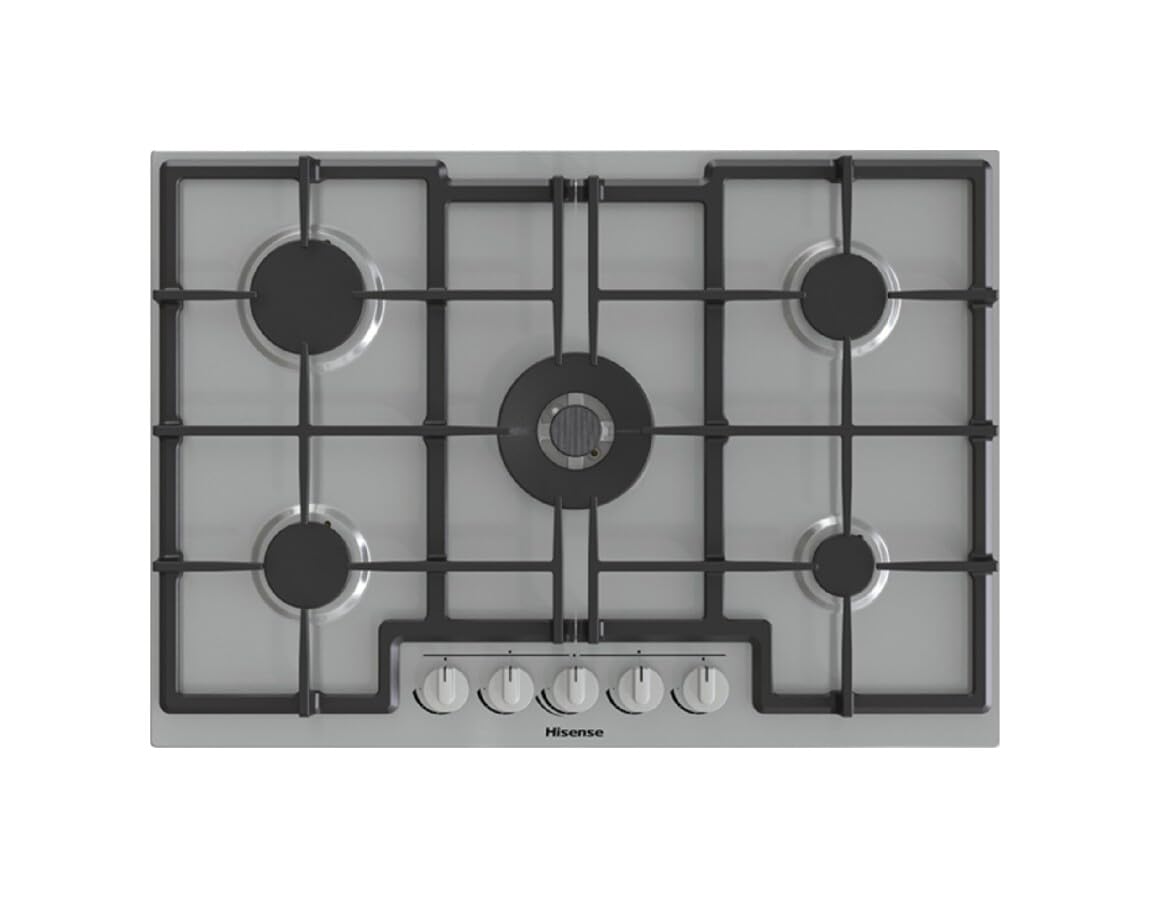 Hisense GMED773X Piano Cottura a gas cm. 74, Inox Easy clean, Griglie in Ghisa, 1 Bruciatore WOK