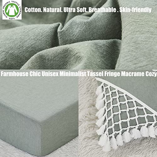 Image of Brandream Baby Girl Boy Nursery 3 Pieces Crib Bedding Set 100% Cotton Gender Neutral Boho Bohemian Solid Sage Green Farmhouse Chic Unisex Minimalist Tassel Fringe Macrame Cozy Bedding