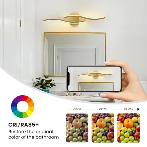 Gold LED Bathroom Vanity Lights: 31.5 Inch 20W Bathroom Lighting Fixtures Over Mirror 5CCT Dimmable 2700-5000K Vanity Lights Modern Bath Sconces Wall Light for Mirror Cabinets Bedroom Living Room by WOSHITU - Used condition - Image 4