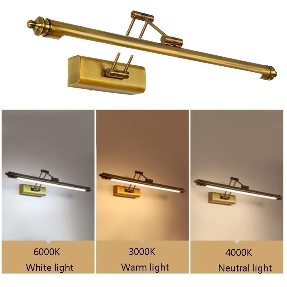 Lampada da Specchio Bagno Vintage Lampada da bagno vintage con striscia in metallo dorato Luce a LED dimmerabile e angolabile per specchio Luce lineare frontale per specchio da bagno(50cm/19.6in)