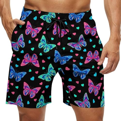 Fashion Beach Short for Men Trippy Goth Magic Butterfly Board Shorts with Pockets Elastic Waist Drawstring Swim Trunks (S)