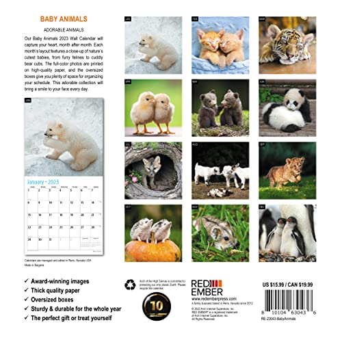 Red Ember Baby Animals 2023 Hangable Monthly Wall Calendar | 12" X 24" Open | Thick & Sturdy Paper | Giftable | Kids Adorable Animals #TOP2