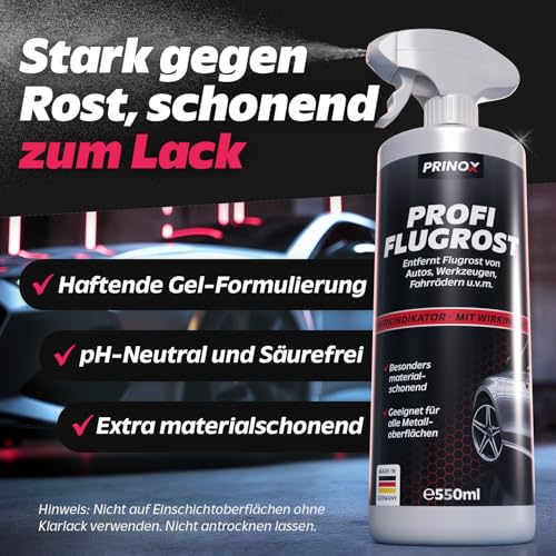 Prinox Profi Flugrostentferner Spray 550ml - Entfernt hartnäckigen Flugrost & Industriestaub - Lackreiniger für Autolack & Felgen mit hoher Reinigungsleistung zum Entfernen von Flugrost
