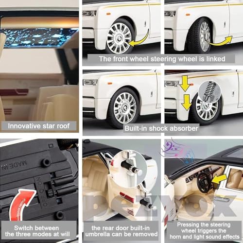 Image of 1 /24 Rolls-Royce Phantom Model Car,Zinc Alloy Pull Back Toy Diecast Toy Cars with Sound and Light for Kids Boy Girl Gift (White)