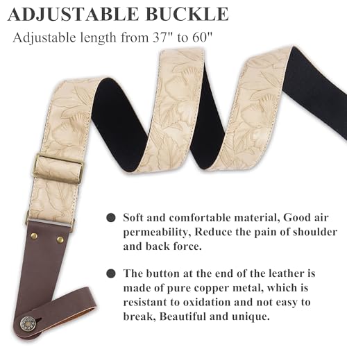 Czzmy Adjustable Guitar Strap Includes 2 Strap Locks & 2 Matching Picks.Leather ends Guitar Shoulder Strap Suitable for Acoustic Guitar,Electric Guitar,Gift for Guitarist(1-Carved White) - Image 3