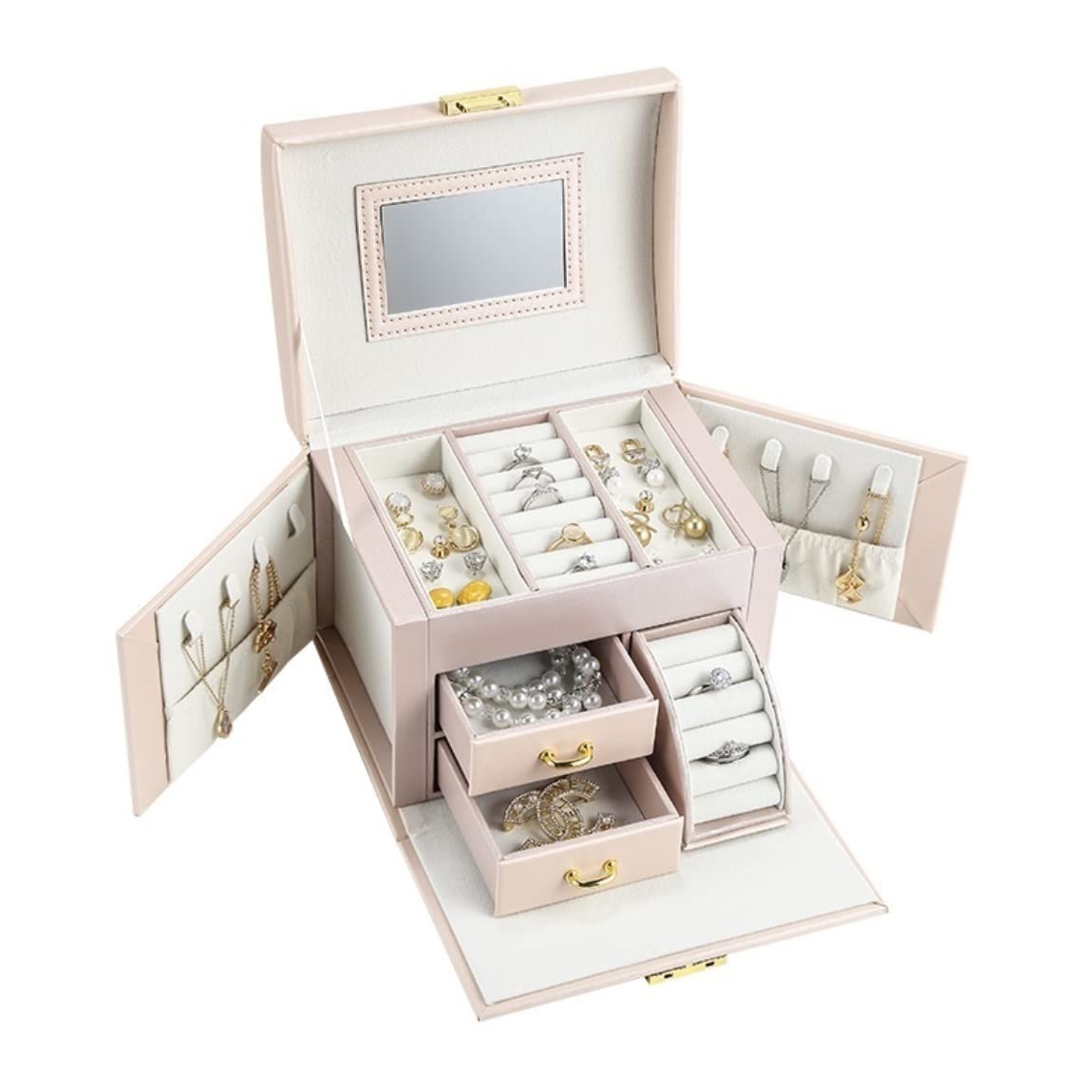 TIANQIHAO Jewelry Box Large Capacity Jewelry Box Organizer Pu Leather Drawer Jewellery Boxes Velvet Earring Ring Necklace Jewelry Storage Case Jewellry Holder,Pink-17.5 * 14 * 13cm