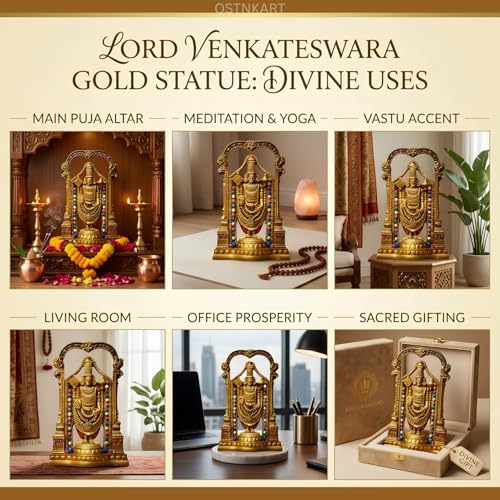 Image of Lord Tirupati Balaji Murti - 8 Inch Golden Polyresin Statue | Handcrafted Venkateswara Idol for Home Temple, Office Desk & Spiritual Gift (Lord Srinivasa Govinda)