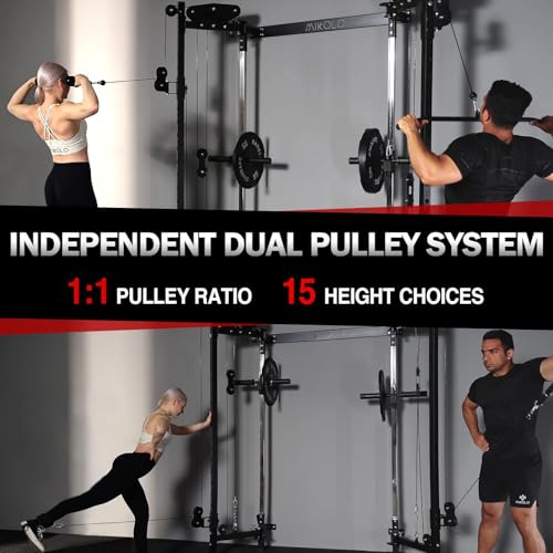 Image of Mikolo Folding Squat Rack, Wall Mounted Power Rack with Cable Crossover Machine & LAT Pull Down, Functional Trainer with 5 Adjustable Function Modes, Home Gym Package
