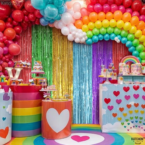 Image of KatchOn, XtraLarge Rainbow Streamers - 3.2 x 8. Ft, 2 Pcs | Multicolor Fringe Curtain for Fiesta Party, Hawaiian, Luau, Unicorn Birthday Decorations | Rainbow Backdrop for Back to School Decorations