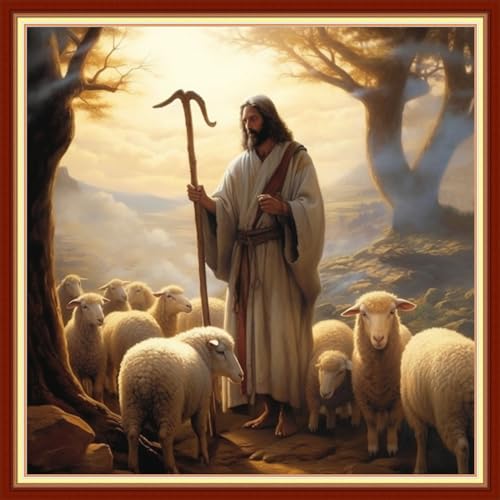 Image of Funxvoot Stamped Cross Stitch Kits Beginners Full Range of Embroidery Kits for Adults 11CT Embroidery Patterns Needlepoint Kits Printed Cross Stitch Kits - (Jesus Shepherds Sheep 18x18 inchs)
