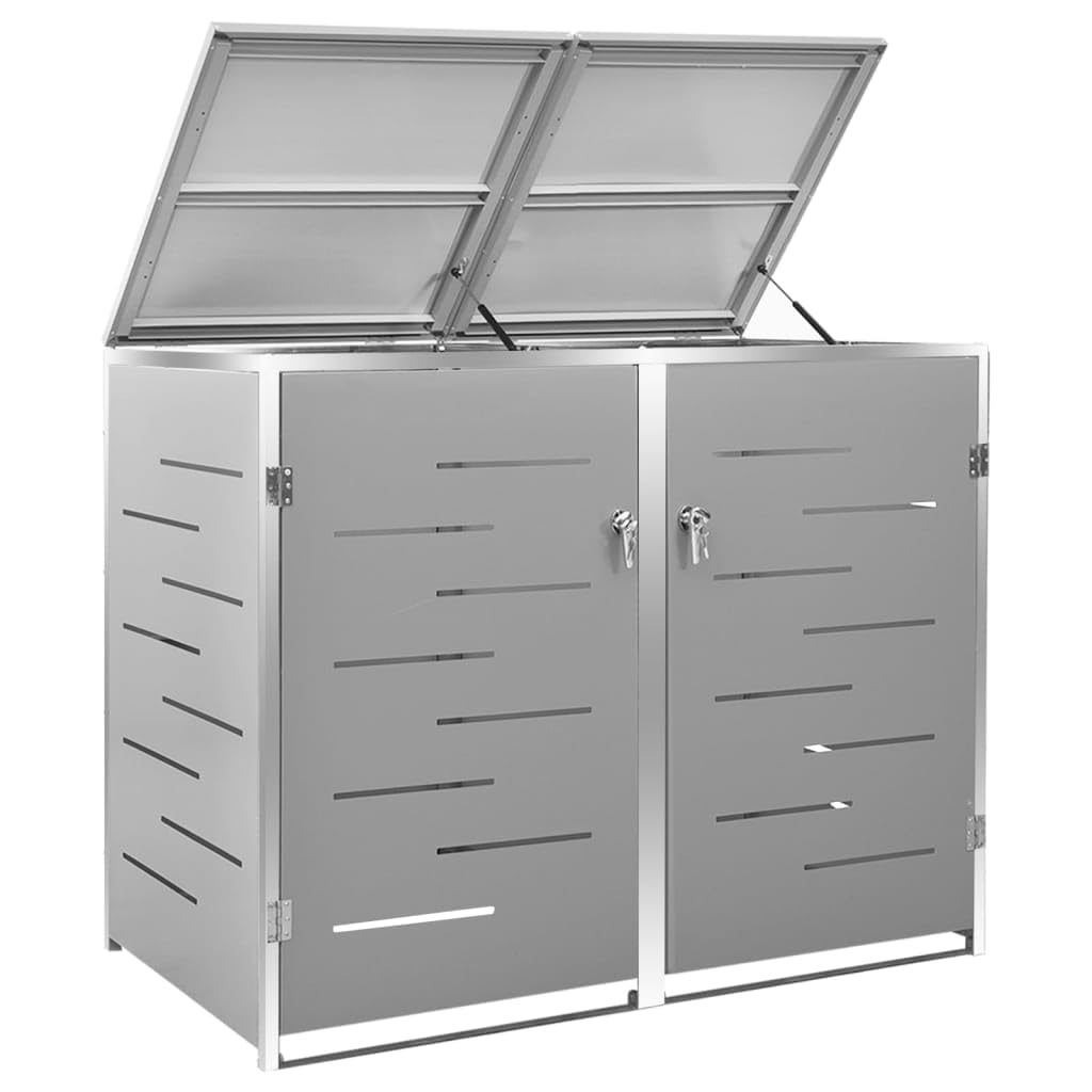 Doppel-Mülltonnenbox Mülltonnenbox Outdoor Lagerung Versteck Einfaches Öffnen und Schließen Schuppen Grau 138 x 77,5 x 112,5 cm Edelstahl