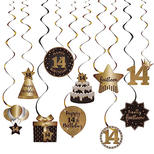 Happy 14th Birthday Party Hanging Swirls Streams Ceiling Decorations, Celebration 14 Foil Hanging Swirls with Cutouts for 14 Years Old Black and Gold Birthday Party Decorations Supplies