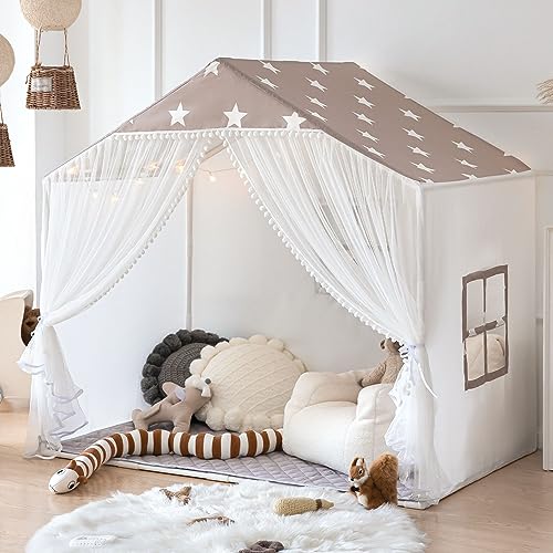 Image of Kids Play Tent with Mat, Large Playhouse Tent with Pompoms Door Curtains, Children Play House for Girls Boys, Indoor Play Cottage (Khaki)