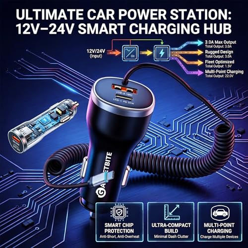 Image of GadgetBite ZAP 71W Fast Car Charger DC 12-24V with USB-A 3.0 & Type-C Fast Charging, Multi-Port High Power Car Adapter for Android & iOS Devices, Universal Compatibility for Phones & Tablets (Black)