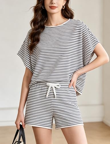 Image of Bozanly Womens Loungewear Set Short Sleeve Top and Shorts Oversized 2 Piece Outfits Solid Color /Striped Matching Pajama Sets